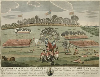 A Correct View of the Battle near the City of New Orleans, pub. c.1815 (hand coloured engraving)