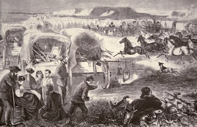 A Wagon Train Formed into a Corral on the Oregon Trail