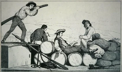 A flatboat carrying cargo on the Mississippi River