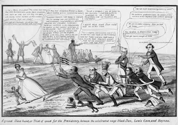 A Grand Slave Hunt, or, Trial of Speed for the Presidency, Between the Celebrated Nags Black Dan, Lewis Cass, and Haynau, Published by T.C., New York, c.1852