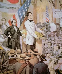 Abraham Lincoln (1809-65) in public debate with Stephen A. Douglas (1813-61) in Illinois