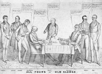 All Fours or Old Sludge, political cartoon depicting president Martin Van Buren playing cards against William Henry Harrison amidst other statesmen and politicians, 1836