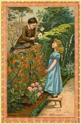 Boy Sitting on a Wall Offering Flowers to a Girl