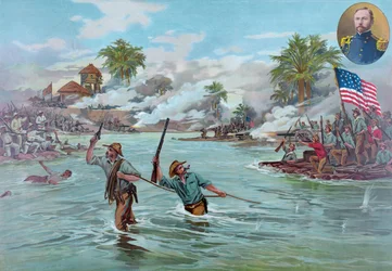 Col. Funston and 20th Kansas Volunteers crossing the River at Calumpit, April 26th 1899, pub. 1899