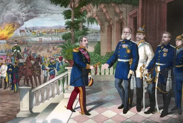 Franco-Prussian War 1870-1871: The surrender of Napoleon III after the battle of Sedan, 2 September 1870 - Color line engraving, American, c1871 - War of 1870: Napoleon III (1808-1873) prisoner following the battle of Sedan meets William I of Prussia (1797