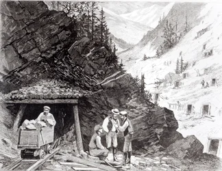 Gold and Silver Mining, Colorado - A Honey-Combed Mountain, from a drawing by Frenzeny and Tavernier