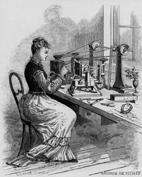Grooving the Needles, Illustration Showing Sewing Machine Manufacture from Scientific American Magazine, 1879