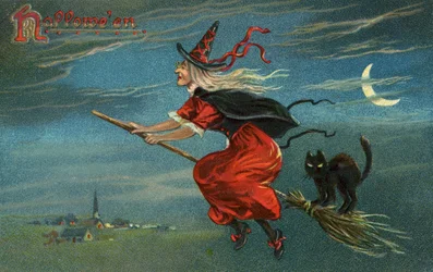 Halloween Witch and Black Cat Riding Broom at Night