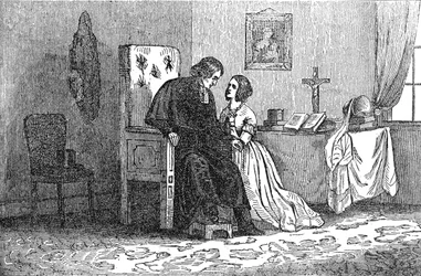 Illustration from an Anti-Catholic pamphlet showing a young woman being seduced by a priest