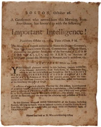 Important Intelligence! (Announcing the Surrender of Cornwallis at Yorktown), Small Broadside Printed by M. Willis, Boston, 26th October 1781