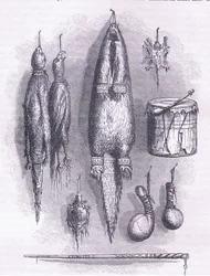 Indian medicine bag, mystery whistle, battles and drum 1661, illustration from Cassell