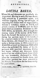 Introduction page to The Adventures of Louisa Baker printed by Luther Wales, New York, 1815