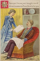 Lady Presenting New Shirt to Seated Gentleman