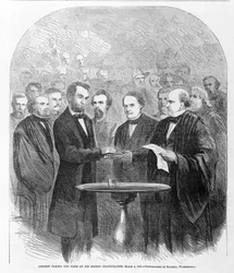 Lincoln Taking the Oath at His Second Inauguration, March 4, 1865, Published 1865