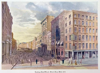 Looking Down Broad Street from Wall in 1873, Illustration from Old New York, Yesterday and Today by Henry Collins Brown