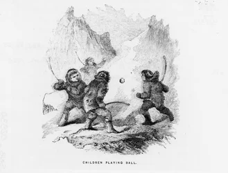 North pole: children playing a ball game on the ice pack - Elisha Kent Kane; Arctic Exploration in years 1853-1855 (Philadelphia, Childs and Peterson)