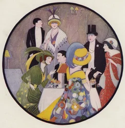 People Socialising After a Play, a Scene from the Short Story, After The Play, by J A Waldron (colour litho)