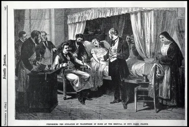 Performing the Operation of the Transfusion of Blood at the Hospital of Pity, Paris, France, illustration from the American Scientist