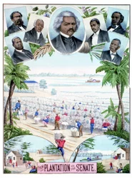 Plantations in the Senate: illustration depicting Black workers on cotton plantations and Black senators in the southern United States.