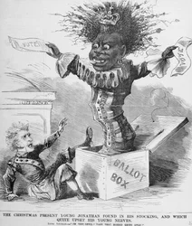 Political cartoon depicting President Andrew Jackson being frightened by the prospect of the black vote in America