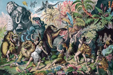 Prehistoric Man Battling Ferocious Animals