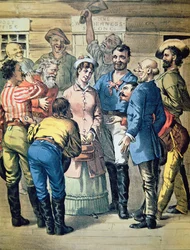 Prospectors gather round a woman in a gold camp