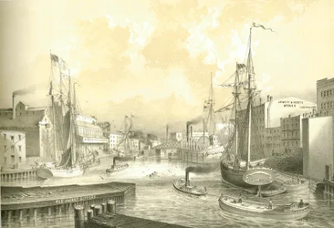 Rush Street Bridge, View from State Street, from Chicago Illustrated, with Literary Descriptions by James W. Sheahan, Published by Jevne & Almini, Chicago
