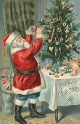 Santa Claus Decorating a Christmas Tree