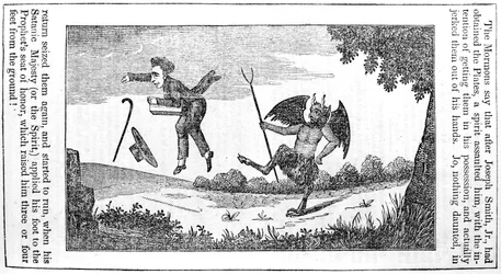 Satan kicking Joseph Smith (1805-44) from the back page of the Anti-Mormon Almanac for 1842
