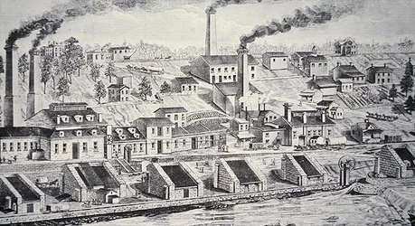 The Du Pont Powder Plant, on the Brandywine River (line engraving)
