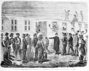 The War on the Mississippi - Black recruits boarding the car to Murfreesboro, from Frank Leslie