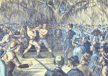 The last bare knuckle boxing championship fight in 1889, John L. Sullivan v. Jake Kilrain at Richburg, Mississippi