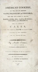 Title page to American Cookery, written by Amelia Simmons, published by Hudson & Goodwin, 1796