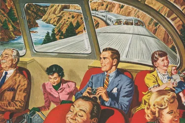 Travellers Enjoying a Futuristic Train Trip
