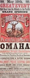 Union Pacific Railroad poster advertising the first transcontinental railroad across the USA