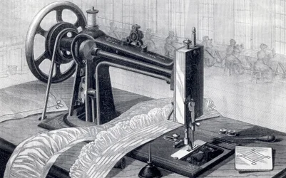 Wilson Sewing Machine, Showing Belt Drive from Treadle and Oil Can, from Park Benjamin Appletons Cyclopedia of Applied Machines, published 1880