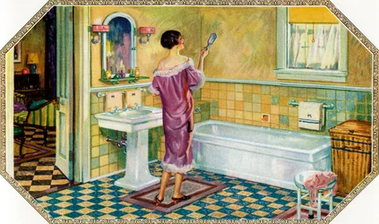Woman Standing in an Art Deco Bathroom