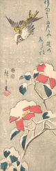Sparrow and Snow-covered Camellia (Tsubaki)