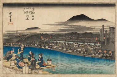 Woodblock Print - Night View at Shijo Kawaramachi, 1797-1858
