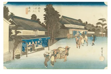 Narumi: Famous Arimatsu tie-dyed fabric from the series The Fifty-three Stations of the Tokaido, c.1831-1834