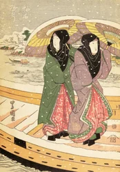 Women Walking over a Bridge in Snow