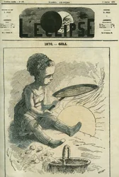1870, social cuisine: a little girl cooks a crepe in a stove heated by the sun. Cover in 