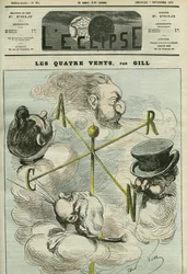 Cartoon The Four Winds, symbolizing the four political parties. Cover in L