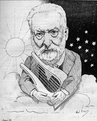 Cartoon by Victor Hugo (1802-1885) with a lyre on a cloud in the sky between day and night (engraving by Andre Gill in Le Monde Illustré)
