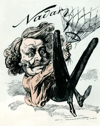 Cartoon of Felix Nadar, pioneer of aerial picture in 1858, here hanging from his balloon