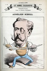 Portrait of Aurelien Scholl (1833-1902), French journalist, writer, and comedian. Cartoon by Gill, Paris