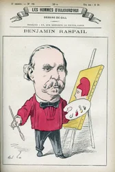 Portrait of Benjamin Raspail (1823-1899), a French painter and politician who initiated the law making 14 July the national holiday. Cartoon by Gill, Paris.