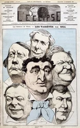 The portraits of Léonce, Berthelier, Poppy Cadet, Dupuis, Pradeau and Baron, theatre authors. Cartoon by Gill in 
