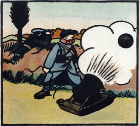 First World War 1914-1918: Bomb Launcher. A French Soldier Sends Bombs at the Enemy with a Cannon. Engraving in 