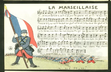 Postcard, Satirical in Colors: La Marseillaise - War of 14-18, Marseillaise, Singing Illustration by Andre Helle